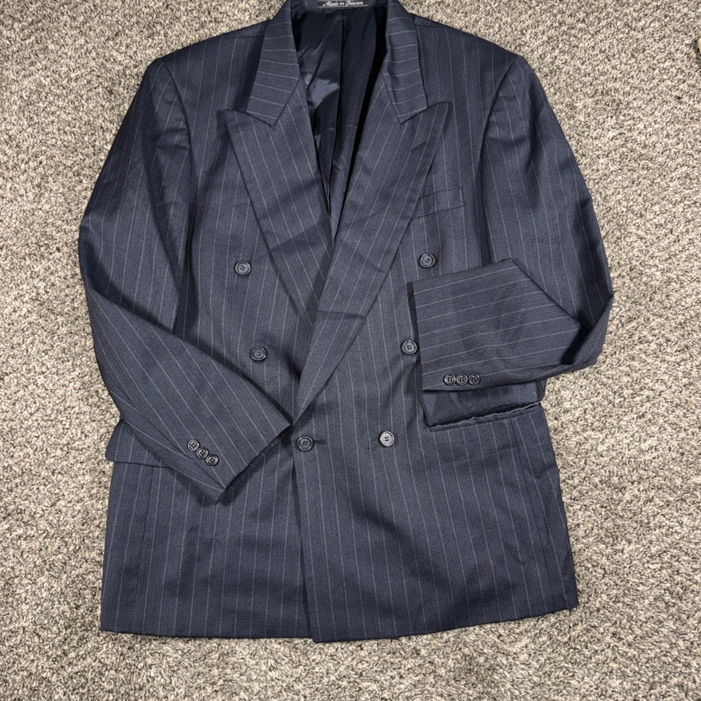 Vintage Pierre Balmain Mens 42R Double Breasted Wool Pinstripe Blazer Navy Blue